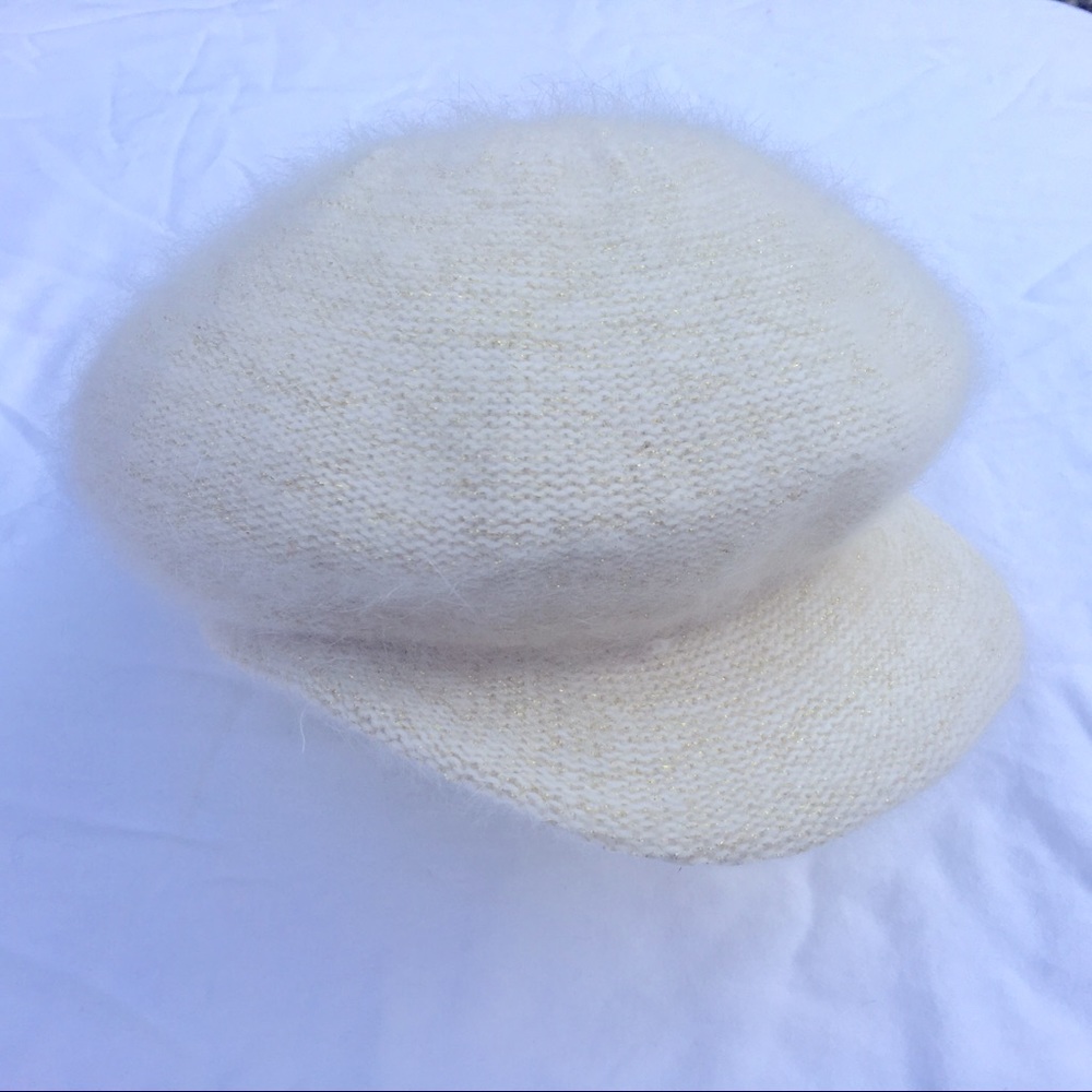 Nine West Cream & Gold Angora Newsboy Hat